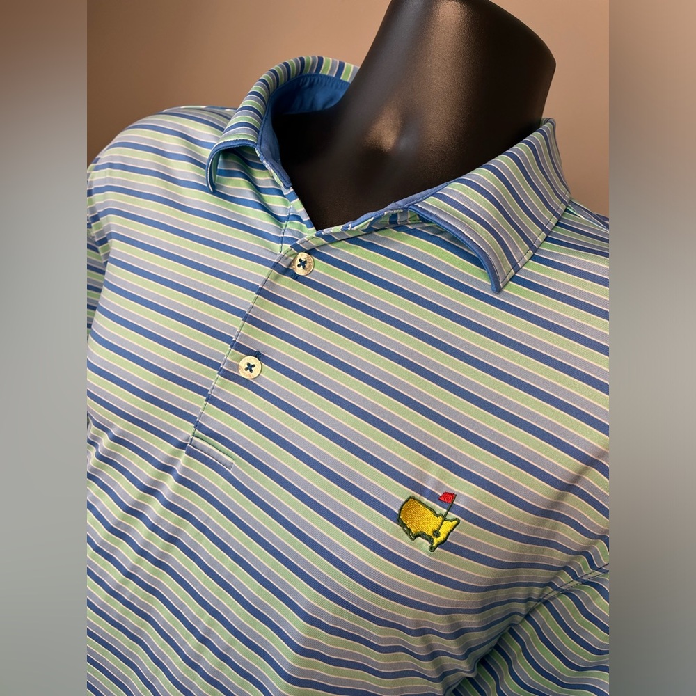 Masters Tech Men’s Large Blue Green Striped Performance Golf Polo Shirt.